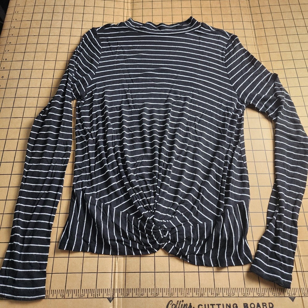 Black White Striped Mock Neck Twist Front Long Sleeve Top XS PF844972STKL